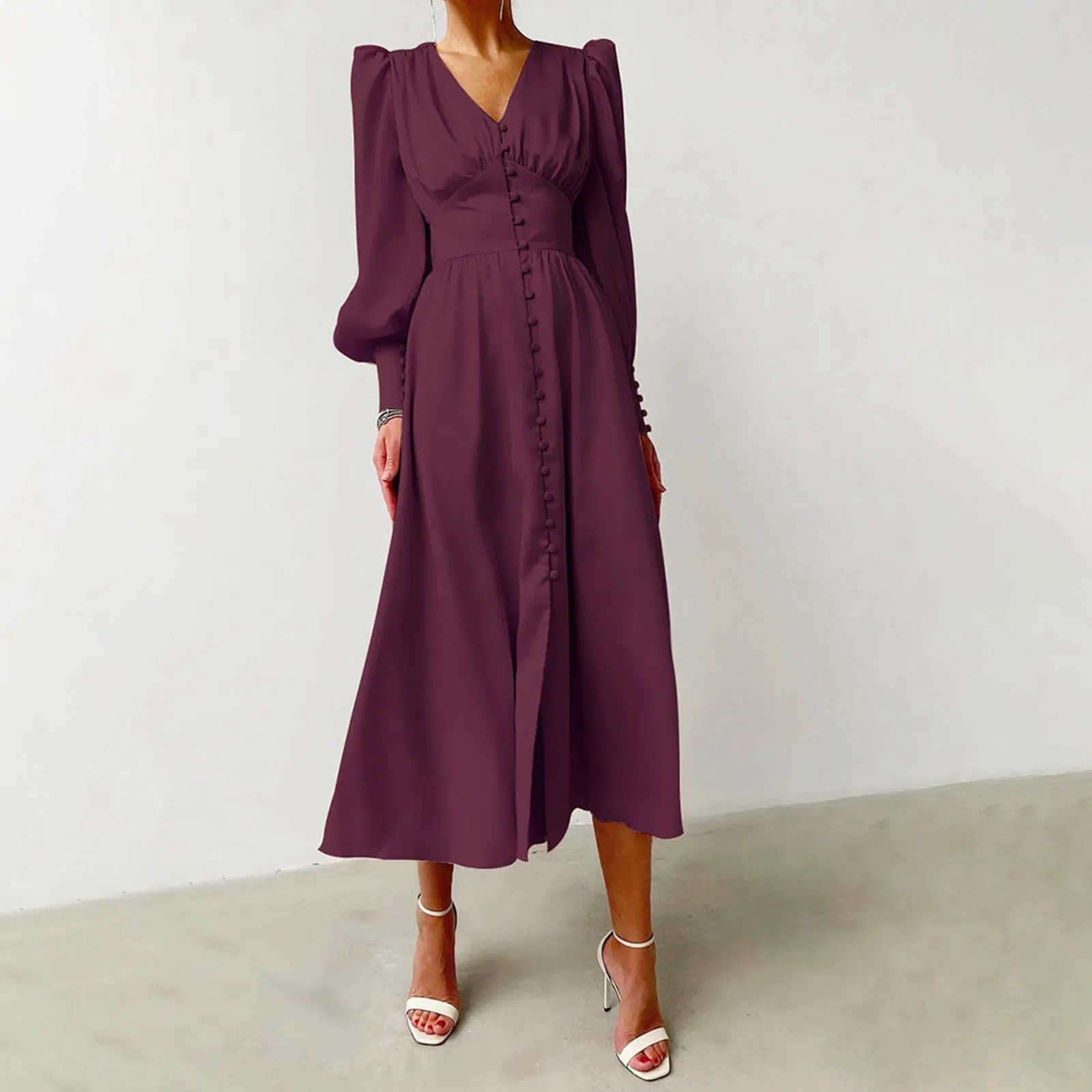 

2024 Summer Sexy Deep V Dress Women High Waist Lantern Long Sleeve Maxi Dress Female Elegant Button Slim Wasit Office Dresses