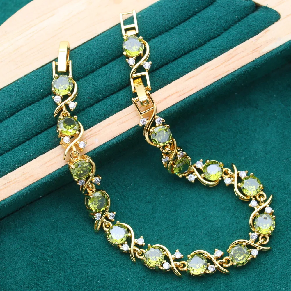 Olive Green Zircon Gold Color Jewelry Sets for Women Birthday Bracelet Long Earrings Necklace Pendant Ring Holiday Gift