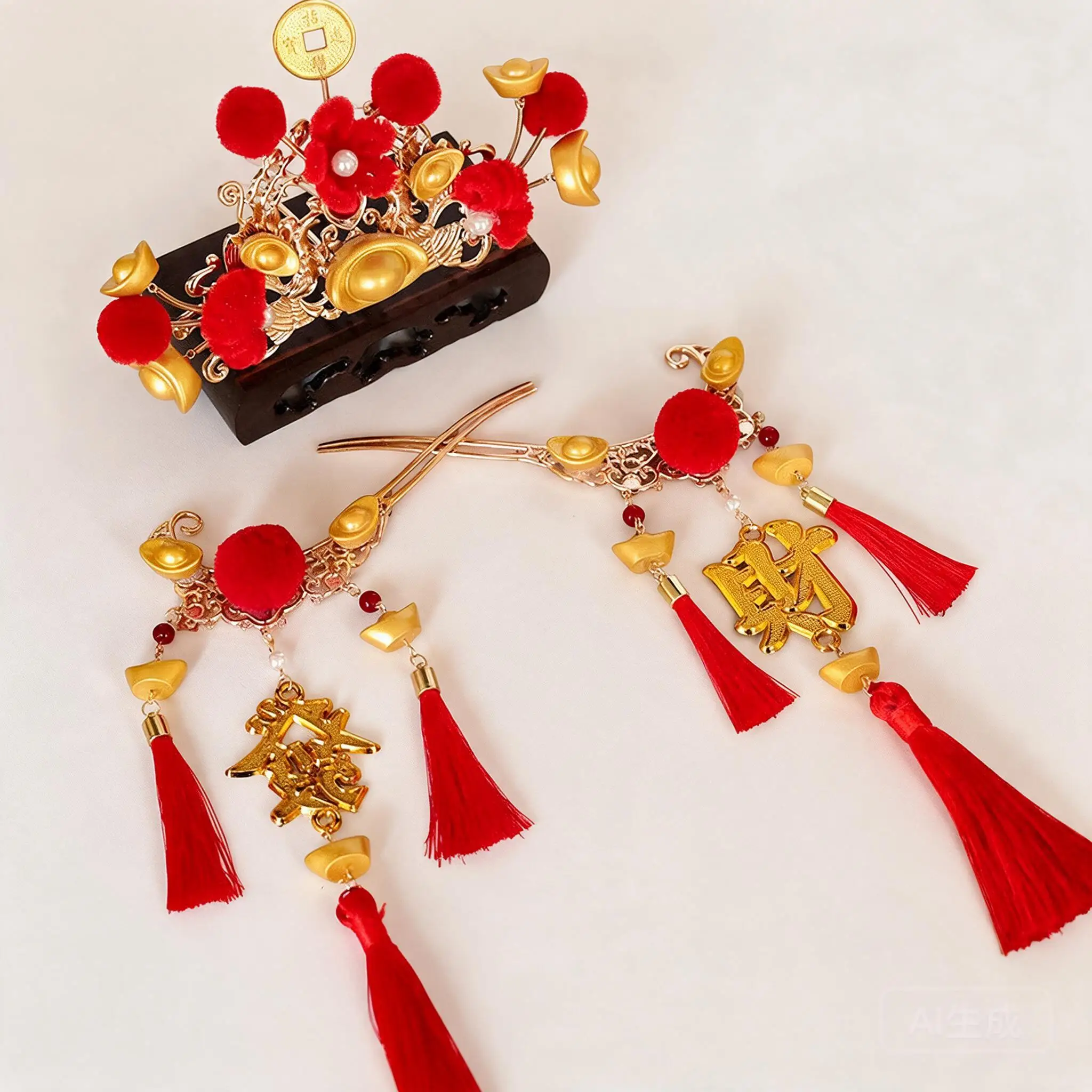 Chinese New Year Ancient Style Hanfu Hair Accessories Red Pom Pom Gold Ingot Coin Hair Crown Tassel Hair Pins Festive Headwear