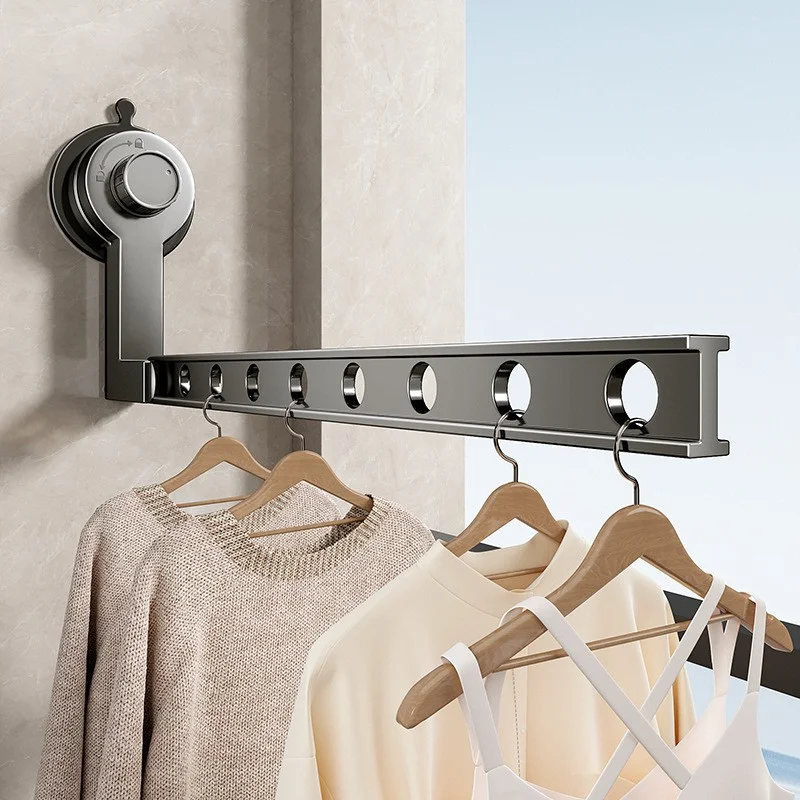

Suction Cup Folding Clothes Hanger Balcony Home Indoor No Drilling Invisible Retractable Clothes Hanger Pole Bay Window Clothes