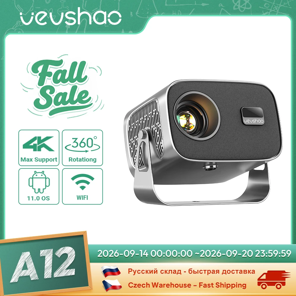 VEVSHAO A12 Portable Projector Mini LED 1080P 4K Video Android 13.0 WiFi 6 SmartPhone Mirroring Home Cinema Projector
