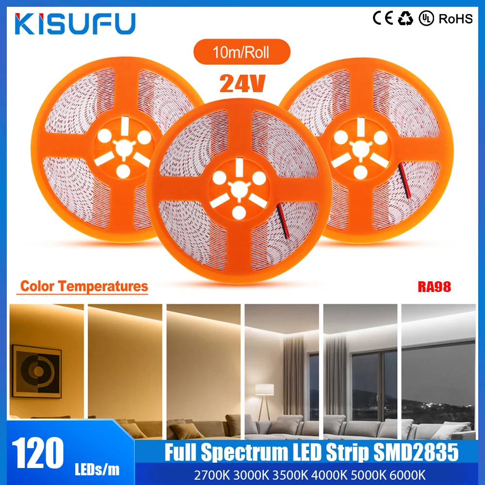 Full Spectrum LED Strip SMD2835 Ra98 24V 10M Flexible Tape Home Lamp Strip 2700K 3000K 3500K 4000K 5000K 6000K Indoor Lighting