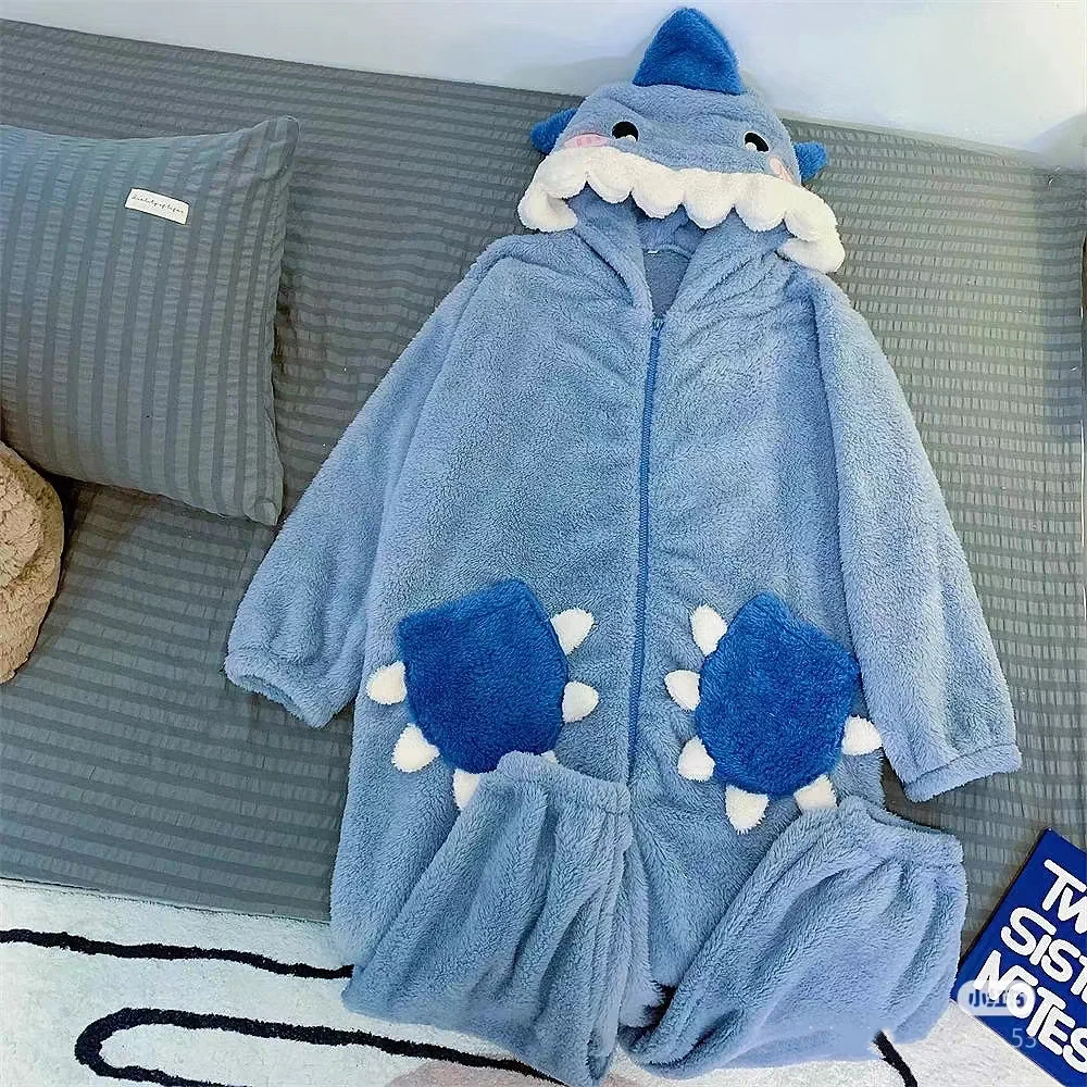 

Blue Shark One-piece Pajamas Anime Cartoon Cosplay Costumes Winter Coral Fleece Warm Hooded Nightgown Full Zipper Thick Onesies