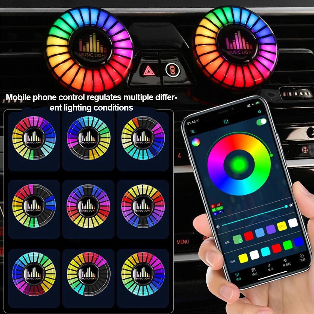 Car Music Pickup Rhythm Lamp Air Freshener RGB LED Strip Sound Control Voice Rhythm Atmosphere Light Multi-Color App Control