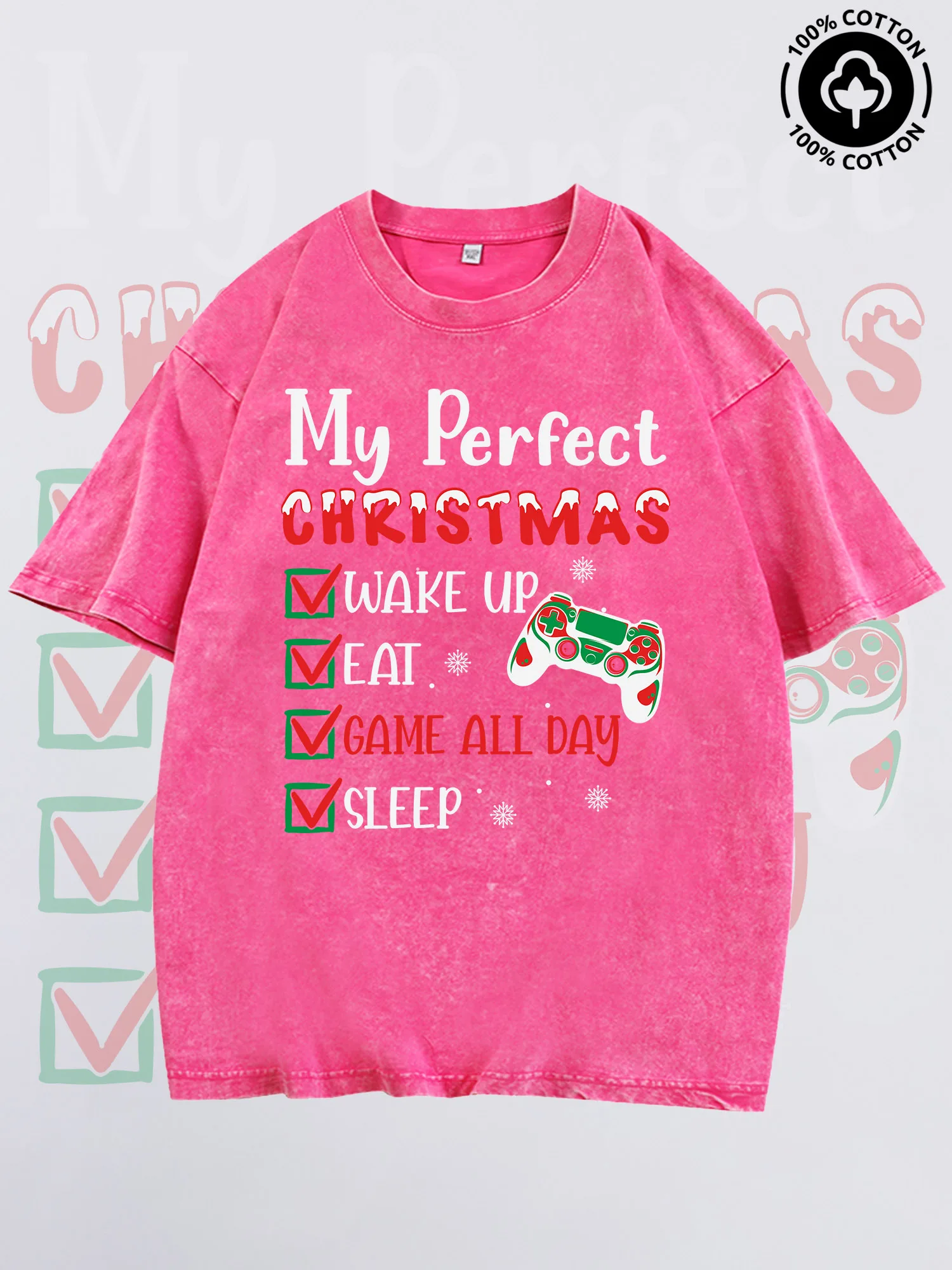 تي شيرت رجالي برسومات My Perfect Christmas List، تي شيرت وردي عتيق من القطن الخالص، تي شيرت خفيف الوزن بكتف منسدل #1