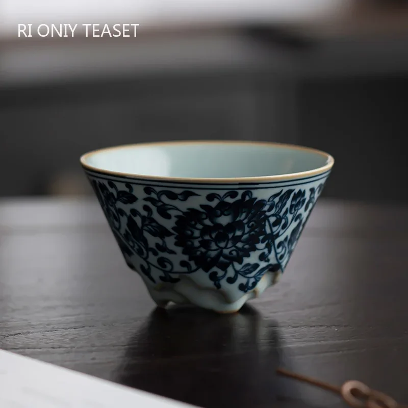 1 Pc Chinese Vintage Blue and White Ceramic Tea Cup Handmade Ru Kiln Tea Bowl Household Teaware Travel Master Teacup 80ml