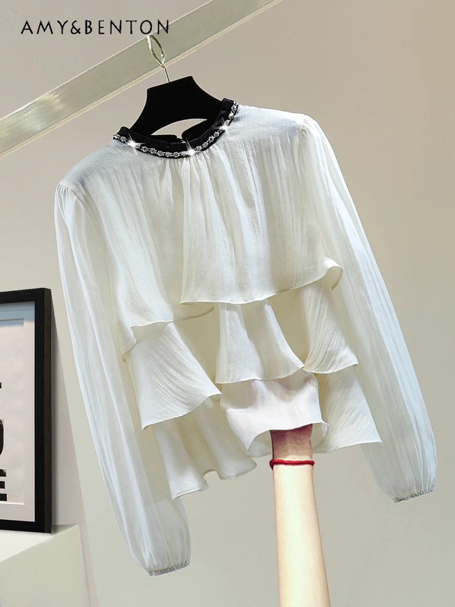 

Heavy Industry Beads Patchwork Round Neck Long Sleeve Chiffon Shirt Office Lady Korean Fashion Ruffles Stitching Causal Blouses