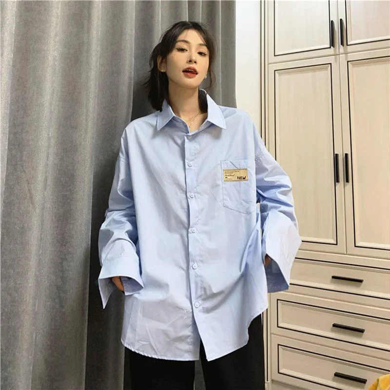 Korean Version Long Sleeved Mid Length Blue Shirt for Women's Spring Autumn Loose Slimming Wear Inside and Outside Shirt Top