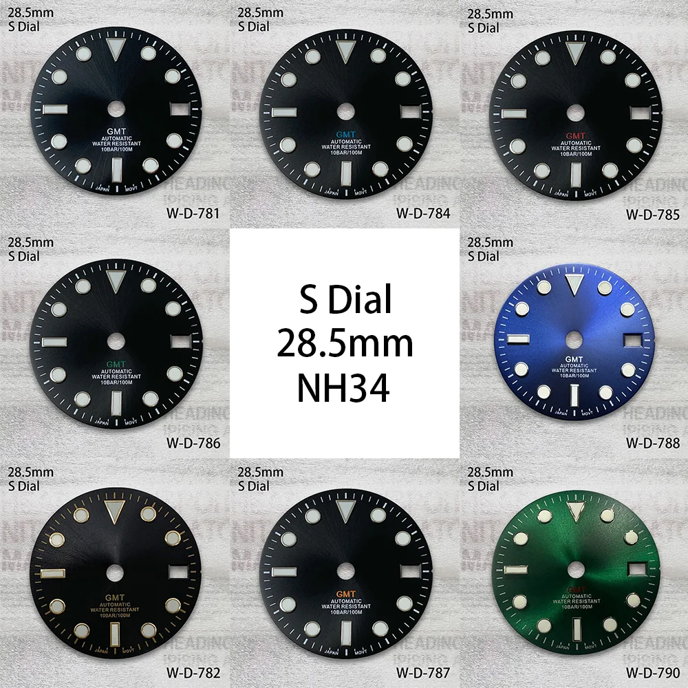 

28.5mm S Logo GMT Dial Fit NH34 Movement Green Luminous Sunray Black Dial Watch Modification Accessories