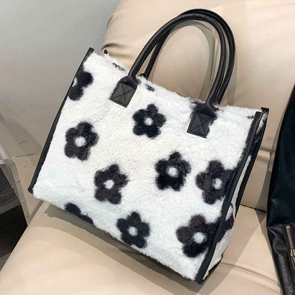 Soft Plush Winter Women Square Tote Bag Flower/Cow Printed Fluffy Armpit Bag 2023 High Quality Ladies Underarm Bag Large Handbag