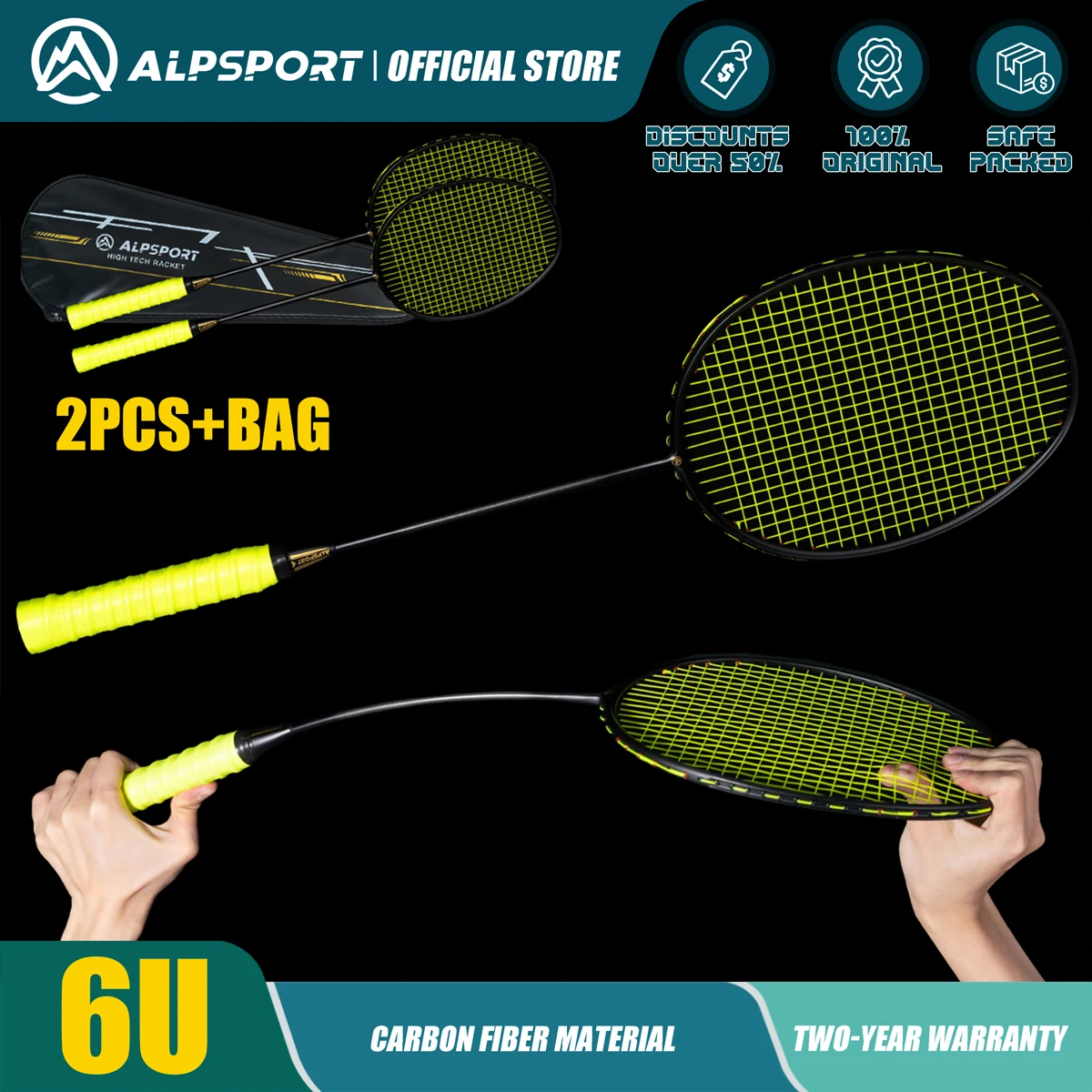 

Alpsport 2PCS/1lot 6U Badminton Racket T800 Ultra-light Maximum 26 pounds Imported Professional carbon fiber