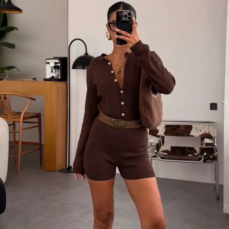 Set Celana Pendek Rajut Wanita Tuularose, Jumpsuit Vintage Seksi, Set Celana Pendek Pinggang Tinggi, Set Celana Pendek Rajut Wanita Fashion High Street