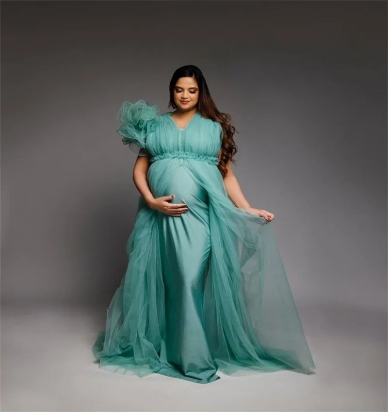 Mint Green Women Pregnant Dress Sexy V Neck 3D Flower Tulle Split Party Evening Gown Customized Formal Bridal Robe