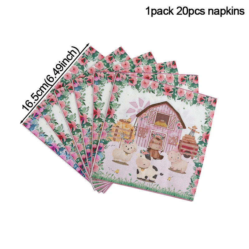 Rosa Bauernhof Tiere Geburtstag Dekor Einweg Geschirr Set Papier Banner Blumen Teller Baby Dusche Mädchen Geburtstag Party Dekorationen – Detail 8