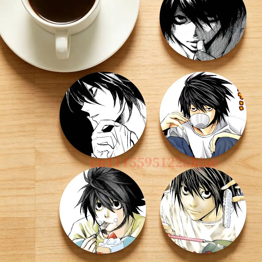 L-L Lawliet  D-Death Note Round Wooden Coaster Decorative Coffee Cup for Use in Coffee Shops Bars