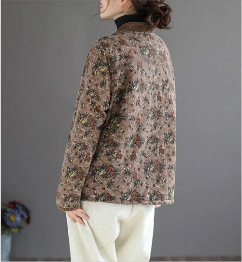 Women Vintage Stand Loose Print Floral Jacket Cotton Linen Long Sleeve Padded Coats 2024 Winter New Chinese Style Coat