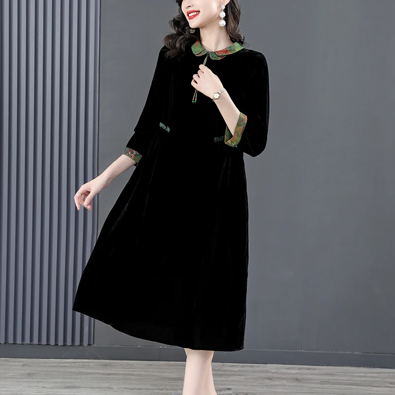 

Large Size Clothing Women Gold Polka Dot Velvet Dress 2024 Autumn Winter New French Loose Korean Bottoming Dress Midi Robe