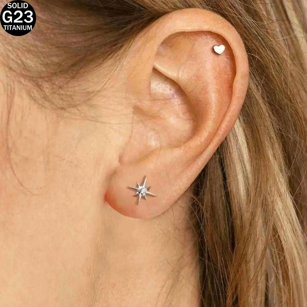 1PCS Silvery Green Zircon Ear Stud Earrings Flat Back G23 Titanium Internal Thread Starlight Cartilage Earrings Body Jewelry