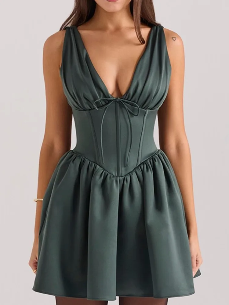 2025 Fashion Satin Dark Green Vest Princess Dress Women Sleeveless Pleated V-Neck Short Party Dress