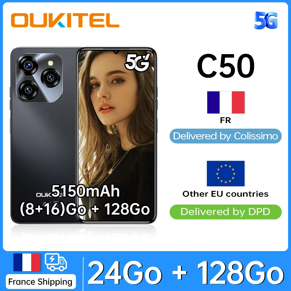 OUKITEL C50 Tlphone dbloqu 5G-Android Smartphone 14, 24GO + 128go/1to, Smartphone dbloqu 5100mAh, appareil photo 50MP, Ec