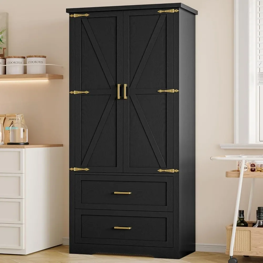 

Pantry Organizers and Storage Cabinet, 71” Barn Door White Kitchen Cabinet with Drawers and Adjustable Shelf, Tall Pantry for Ki