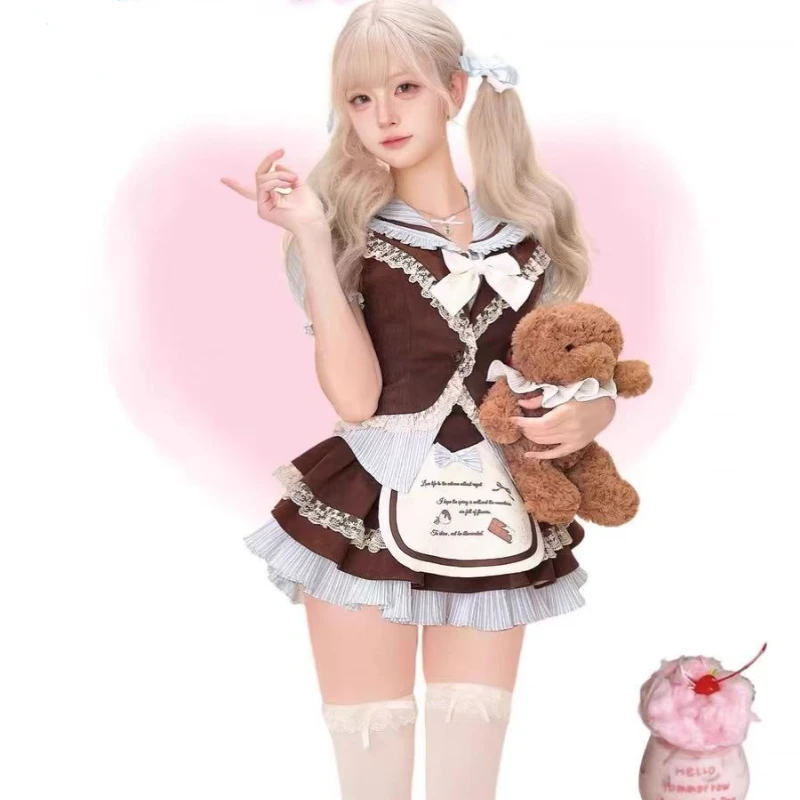 Kawaii Lolita Style Sweet 3 Piece Set Woman Cute Bow Stripe Shirt Tops Lace Ruffles Cake Mini Skirts Female Korean Fashion Suit