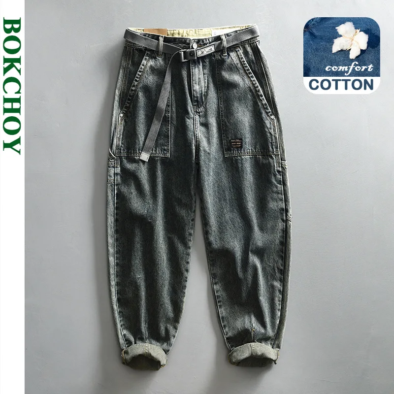 Celana Jeans lurus lancip Vintage baru musim semi 2024 untuk pria pakaian kargo katun lembut kasual Streetwear celana pria KK1035