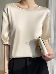 New in 2024 Summer Woman Silk Blouse Elegant T-shirt Simple Satin Office SmoothTops Aestetic Mujer Round Neck Oversized Clothing