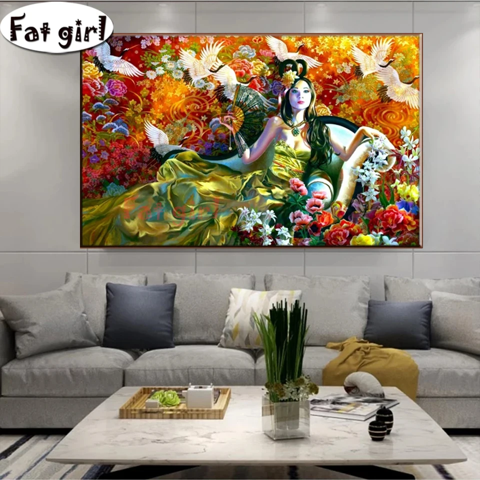 Chinese Style 3D Diamond Painting Woman Red Crowned Crane Flower Embroidery Full Square Round Drill Mosaic Home Decor