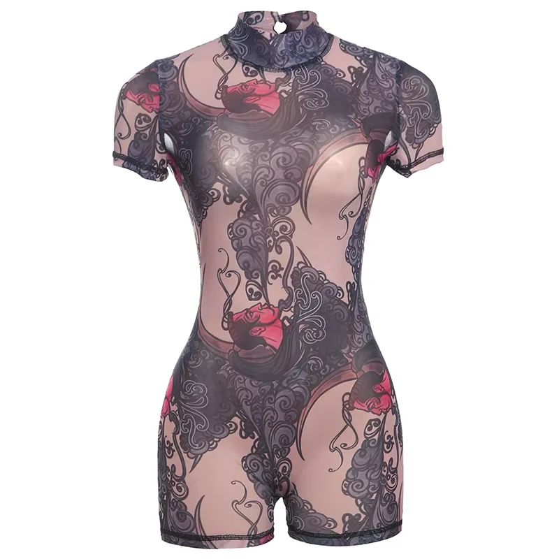 Sisterlinda Y2K Stupendi tute con stampa Moda Maglia sottile trasparente Manica corta O-Collo Backless Slim Pagliaccetti Abbigliamento da notte femminile