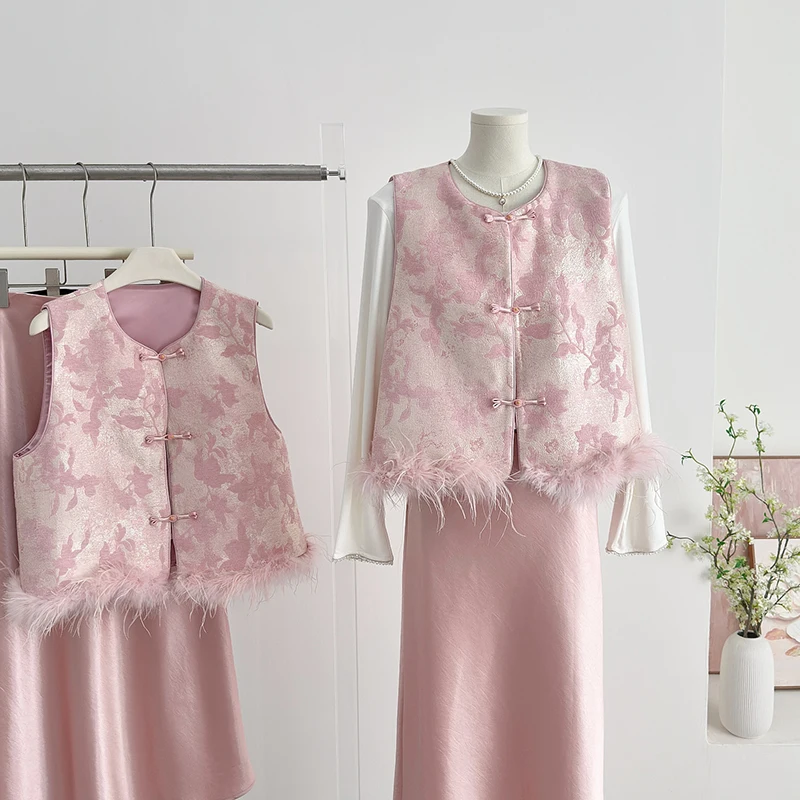 

Pink Ostrich Feather Vest Loose Comfortable round Ne Chinese Sle Floral Embroidery Soft Cotton Polyester Blend Commute Wear