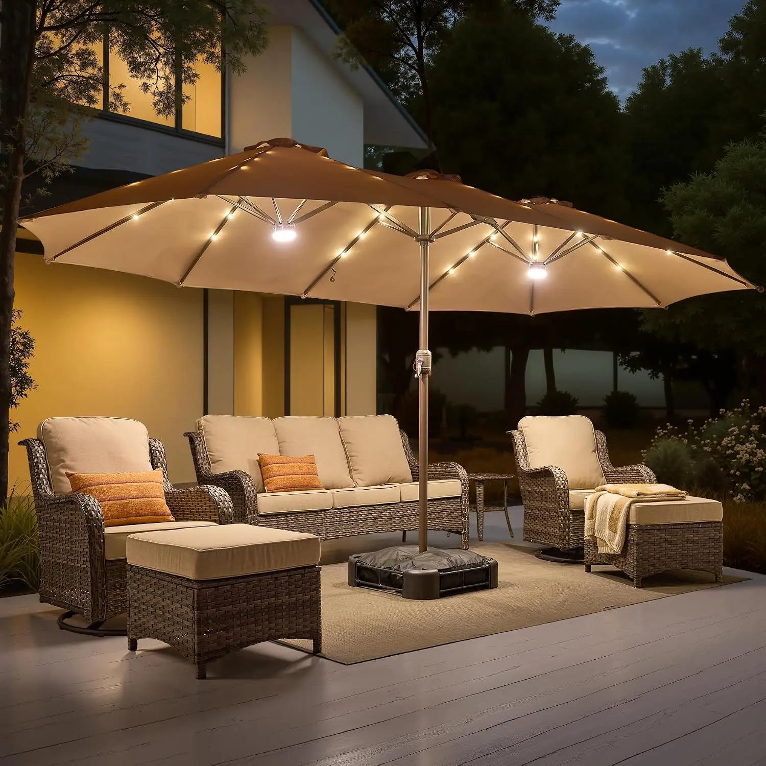 15ft Patio Umbrella Solar LED Lights Outdoor Rectangle Double-Sided Market Stand Poolside Deck Backyard, Customized