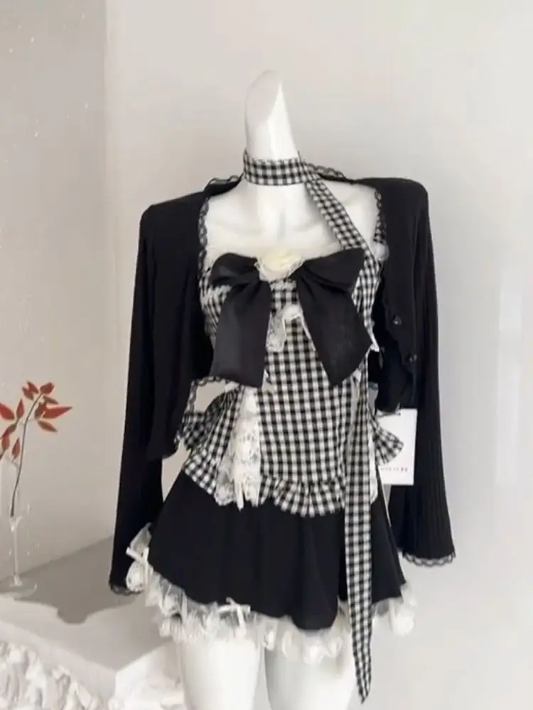 Japanese 2000s Aesthetic Vintage 3 Piece Set Women Chic Cardigan + Y2k Cute Bow Tops + Skirts Harajuku Fashion Retro Outfits New