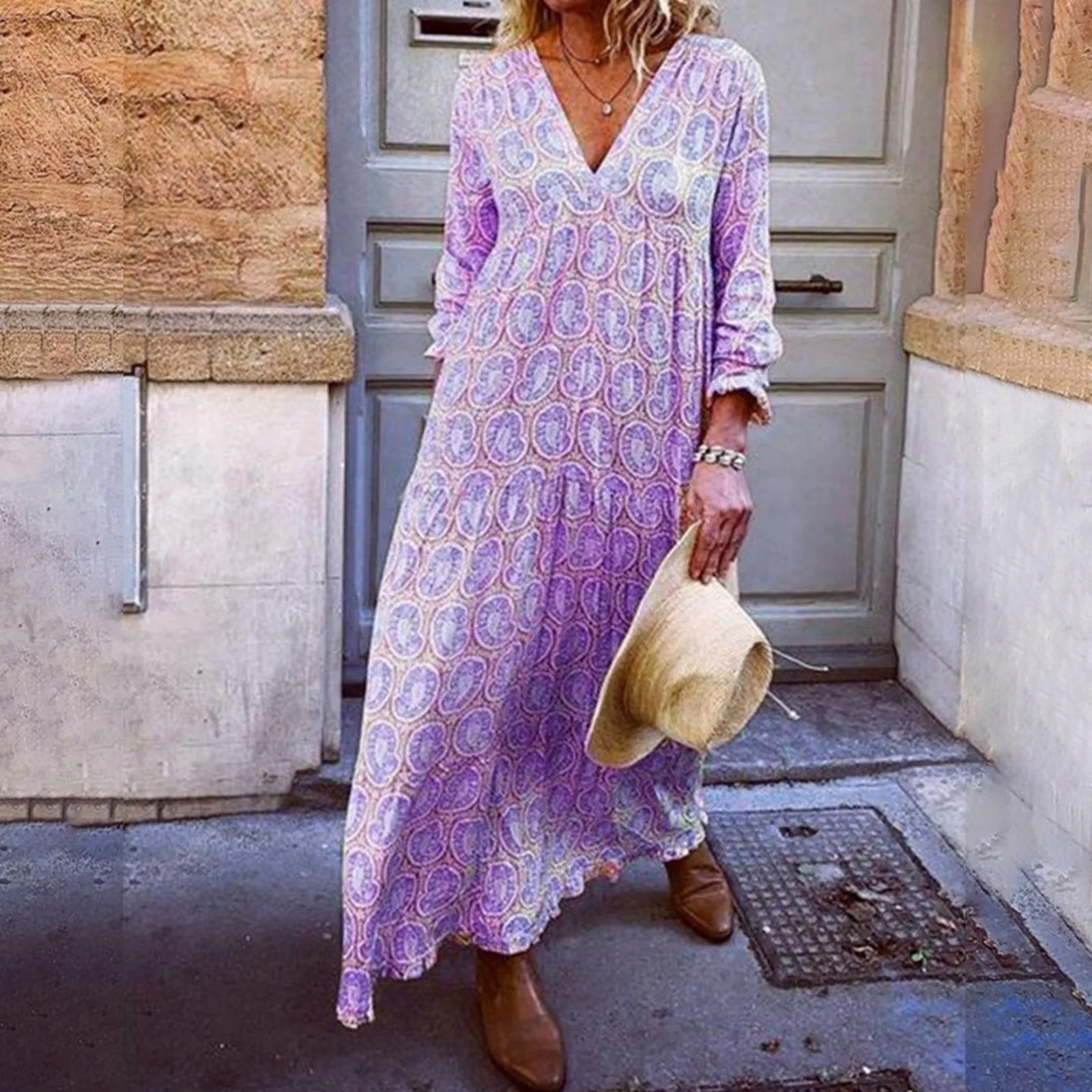 2024 Casual Bohemian Style Beach Dresses For Women Fashion Printed Sexy V-neck Long Sleeve Loose Maxi Dress Vestidos Streetwear