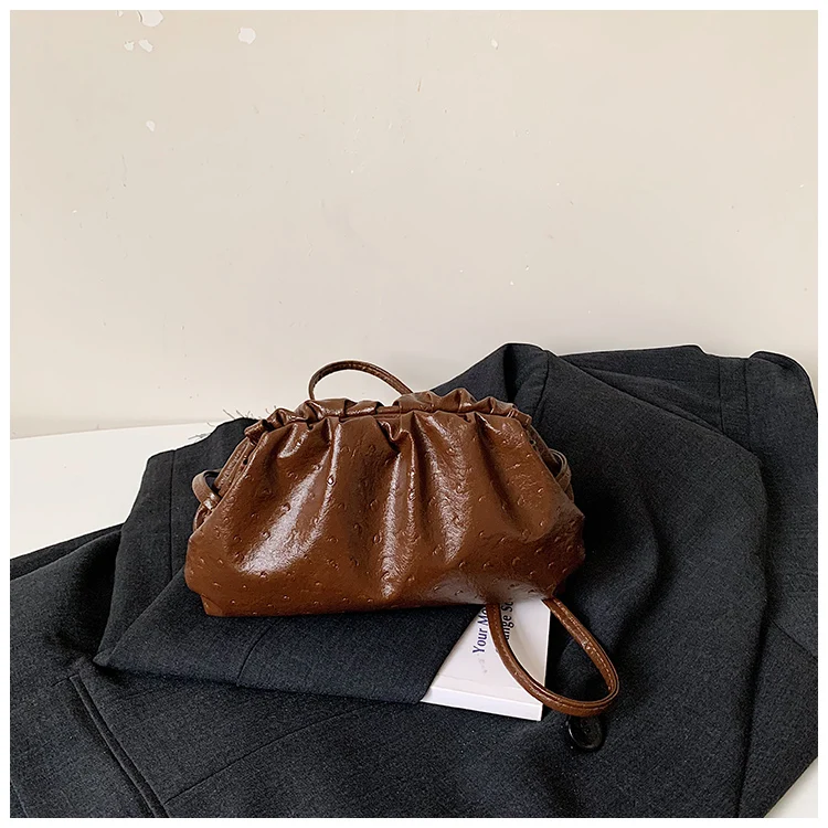 Women's Ostrich Embossed PU Leather Cloud Bag Vintage Ruched Drawstring Pouch Shoulder Crossbody Bag for Daily Use Beige