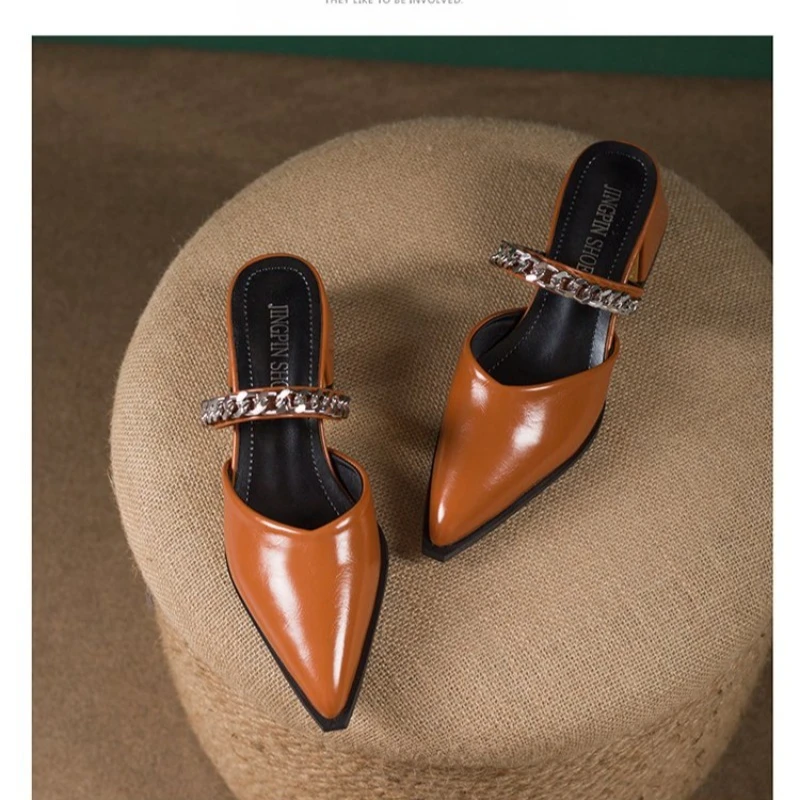 Summer New Baotou Sandals Pointed Toe Shallow Mouth Metal Chain One Slip Strap Anti-slip Outer Wear Square Heel High Heels