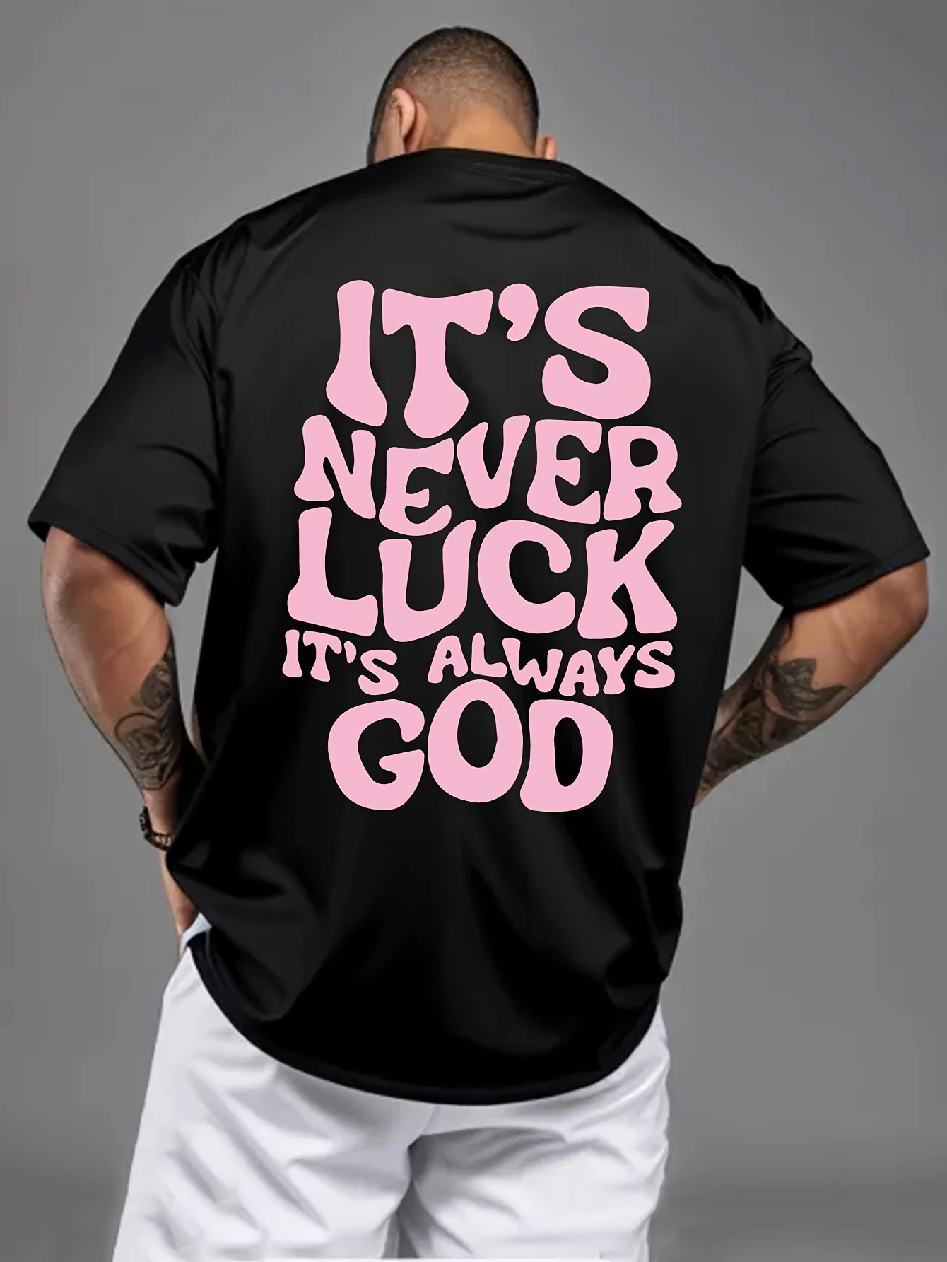 Men's Summer 100% Cotton Fashionable Casual Loose God Luck Letter Printed Sports Round Neck Short Sleeve T-shirt Top