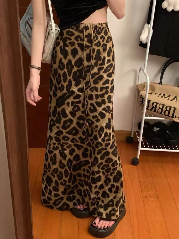 

Vintage Leopard Print Midi Skirts Women Y2K High Waist Streetwear Casual A Line Skirts American Chic Slim Female Fishtail Skirt