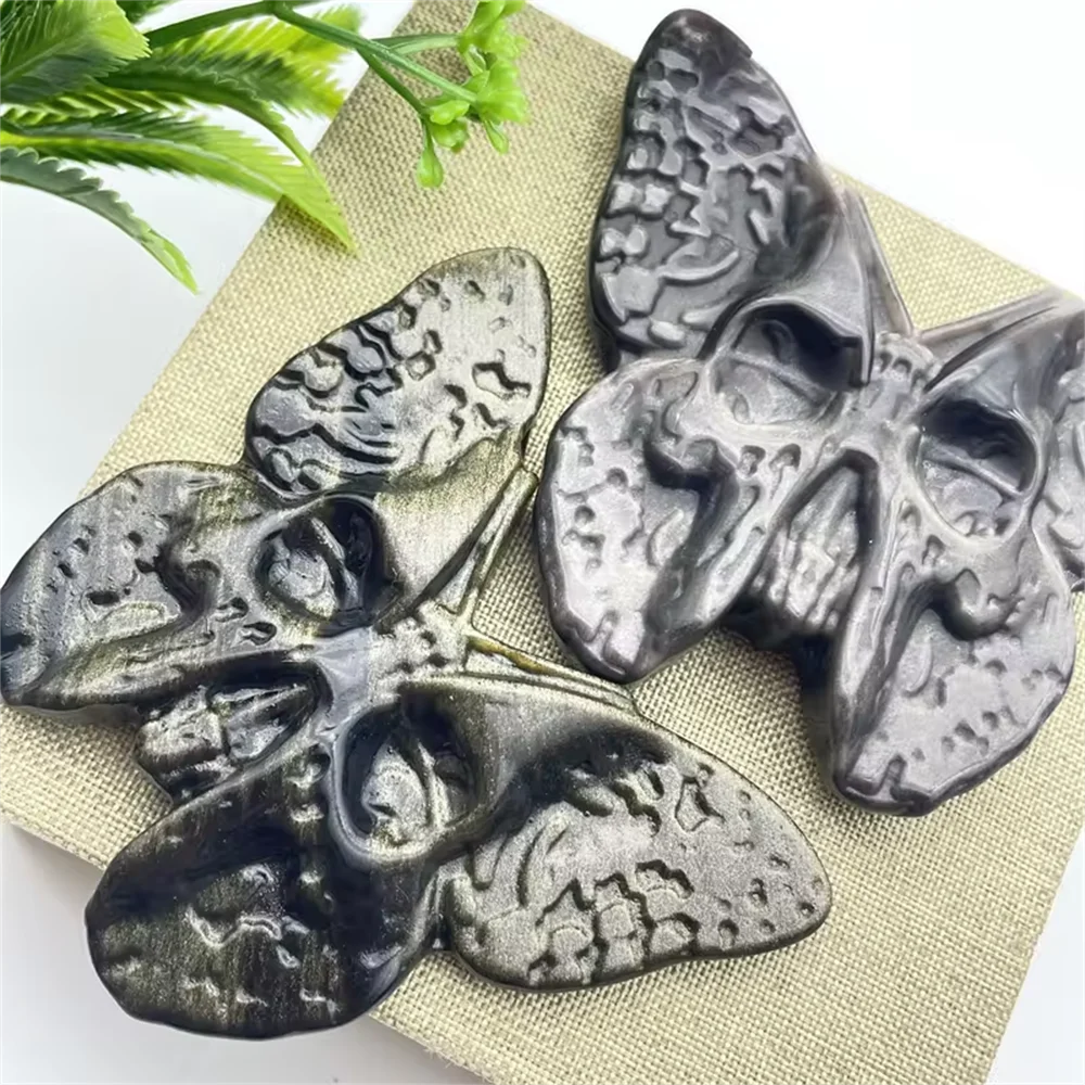 high quality Golden Obsidian Butterfly Skull Carving Healing Crystal Sliver Obsidian Skull for gifts and decoration