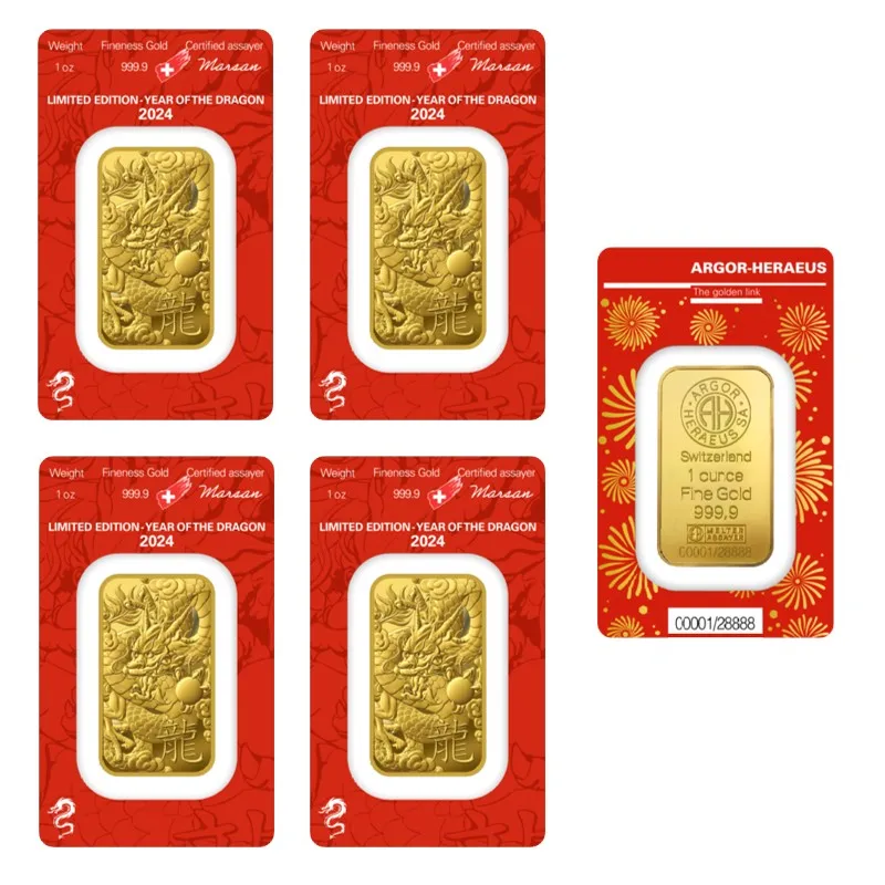 Barre d'or Creative Argor 1oz 2024 Dragon en laiton plaqué or, non magnétique, avec numéros variés