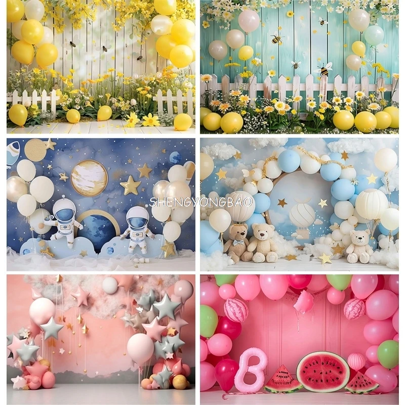 

Newborn Portrait Birthday Party Photography Backdrop Teddy Bear Rainbow Color Balloons Arch Decor Photo Studio Background BP-02