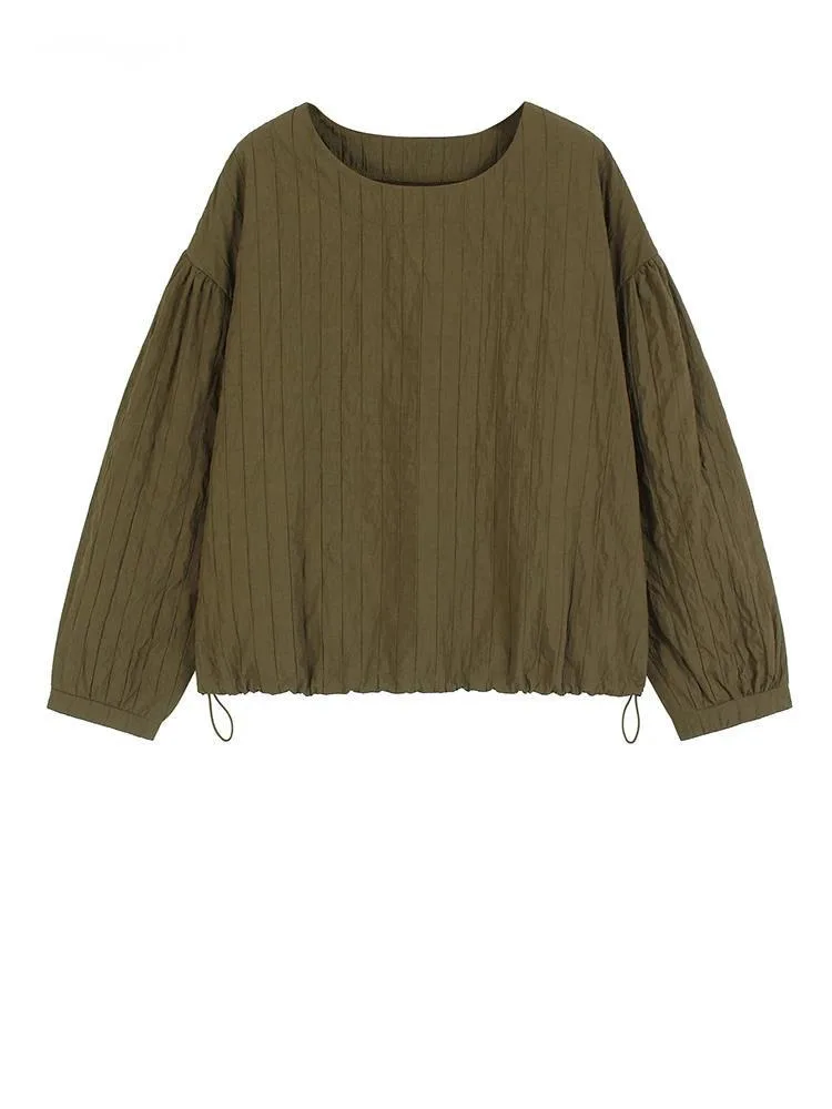 Coffee Textured Hem Drawstring Sweatshirt New Round Neck Long Sleeve Women Big Size Fashion Spring Autumn
