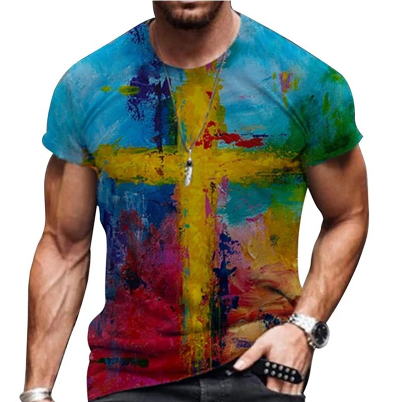 

European and American retro color painting graffiti T-shirt for men cross pattern short sleeved Harajuku T shirts casual O-neck