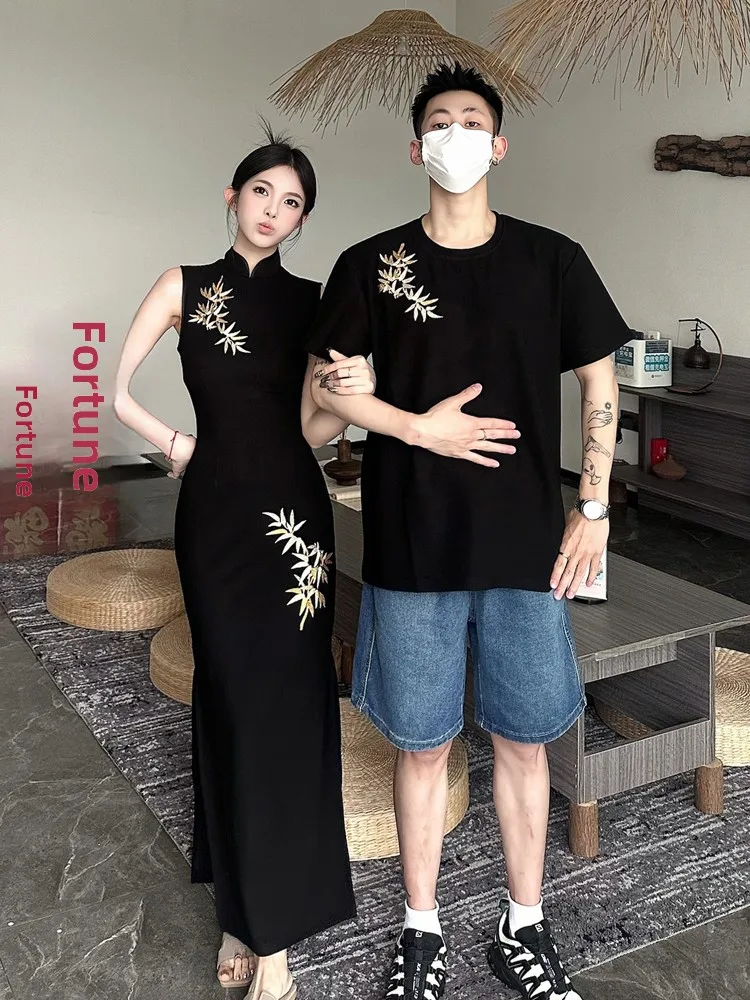 New Chinese Style Couple Matching Summer Short Sleeve T-Shirt And Long Qipao Dress One Skirt One Dress Breathable And Comfort...