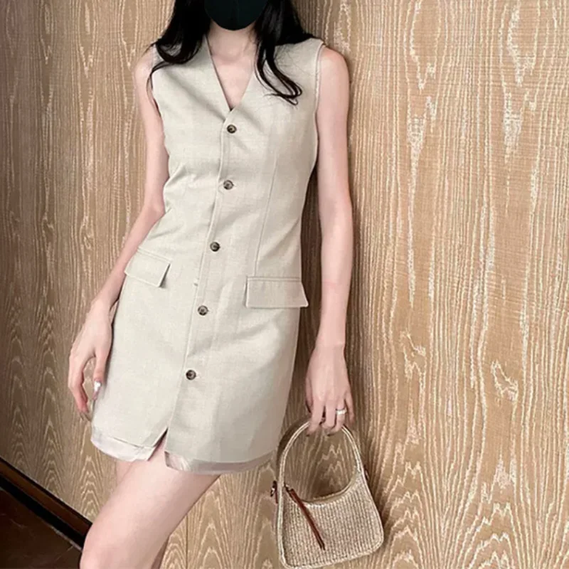 

Women Summer New Sleeveless Suit Mini Dress Fashion Casual V-neck College Style Khaki Basic Elegant Ladies Vest Dresses