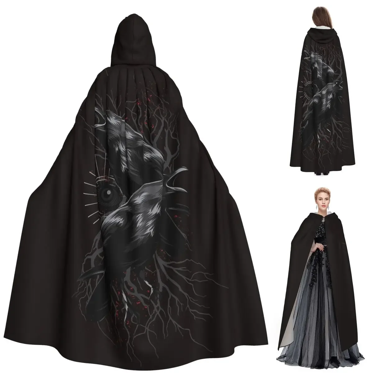 Custom Odin's Yggdrasil Raven Of Wisdom Long Hooded Cloak Witch Medieval Costume Cosplay Cape HalloweenVampire Adult Unisex