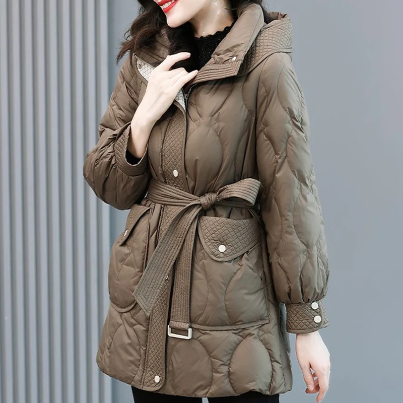 

Women Hooded Loose Mid-Length Down Cotton Coat Winter Belt Vintage Fashion Elegant Thick Parkas 2023 Office Lady Warm Jacket