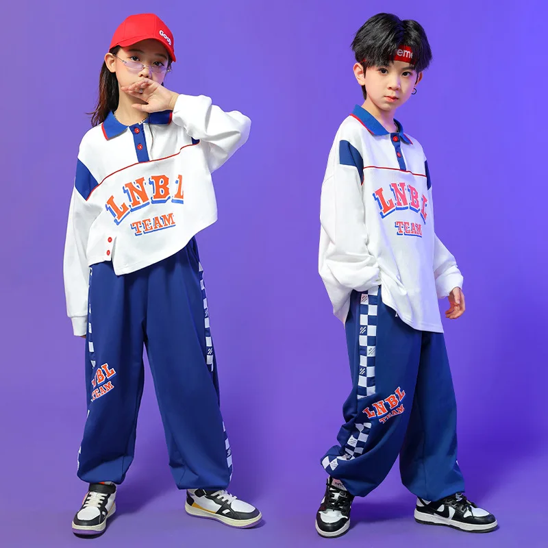 Kid Hip Hop Clothing White Polo Shirt Top Casual Checkered Jogger Sweat Pants for Girl Boy Jazz Dance Costume Clothes Set Outfit