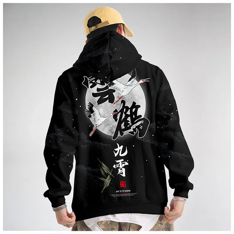 

Japanese Style Crane Print Men/Women Autumn Winter Anime Hoodies Long Sleeves Sweatshirt Harajuku Cosplay Coat Clothes