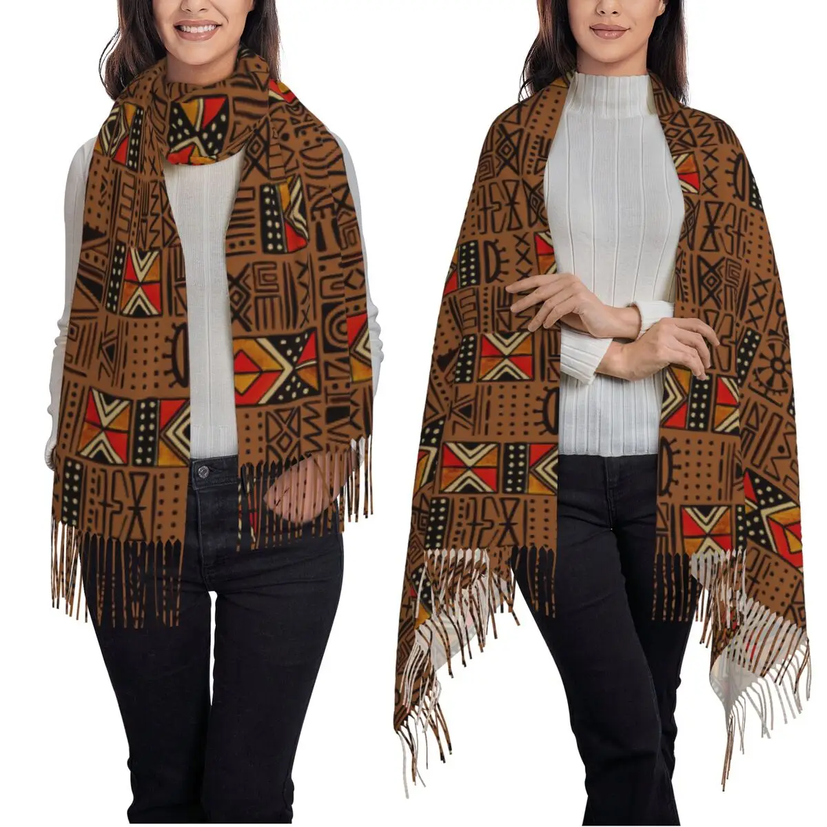 African Bogolan Africa Ethnic Tribal Art Scarf Tassel Scarves Women Soft Warm Shawls and Wraps Large Fall Winter Shawl Wrap